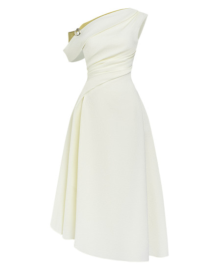 Elan Two-tone Off-shoulder Midi Dress - M / Cream