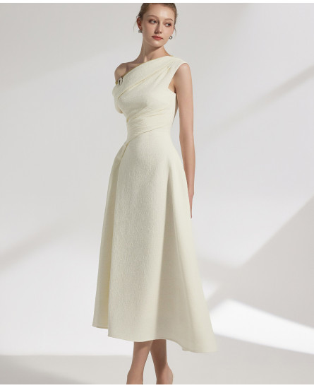 Elan Two-tone Off-shoulder Midi Dress - M / Cream