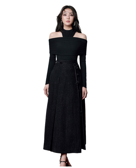 Elliana Wrap Midi Skirt With Floral Tie Belt - Black