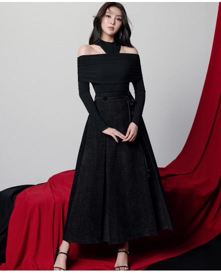 Elliana Wrap Midi Skirt With Floral Tie Belt - Black