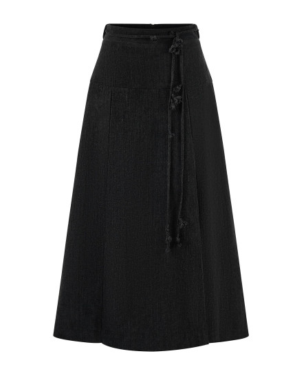 Elliana Wrap Midi Skirt With Floral Tie Belt - Black