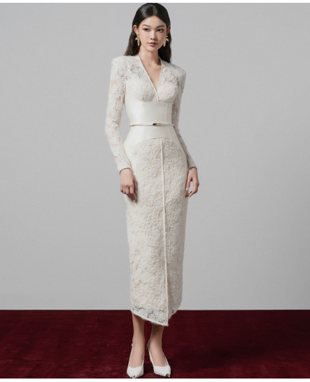 Gaia Pencil Dress with Corset - Cream with BELT