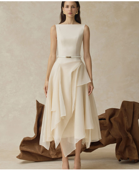 Seraphelle Layered A-line Midi Dress - Cream with BELT