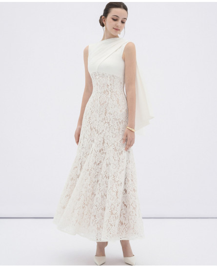 Velin Draped Lace Midi Dress - White