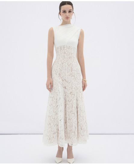 Velin Draped Lace Midi Dress - White