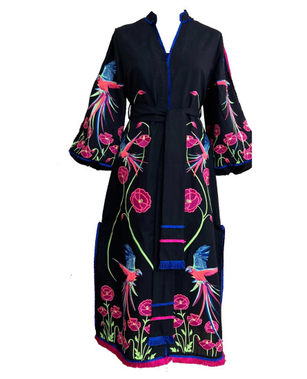Intrica Botanical Embroidery Kaftan Black