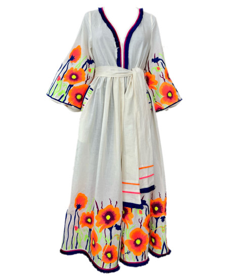 Flower Embroidered Bohemian Dress Off White