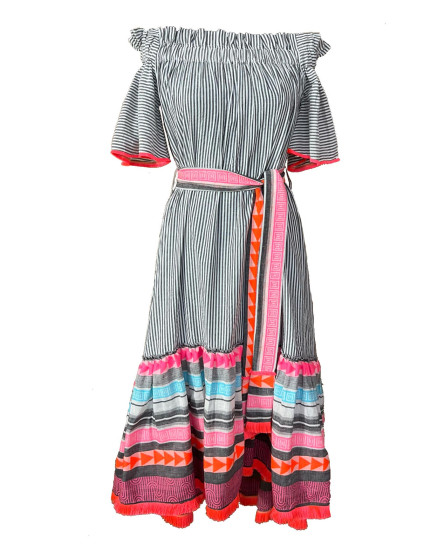 Off Shoulder Grey Stripe Print Dress 