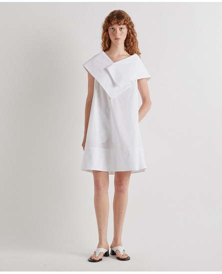 Mini Dress with Crossed Shawl Collar - White
