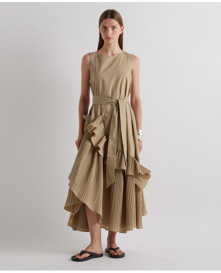 Long Dress with Ruffles and Matching Belt - Taupe