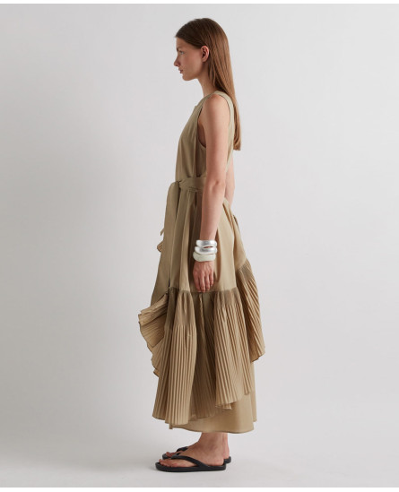 Long Dress with Ruffles and Matching Belt - Taupe