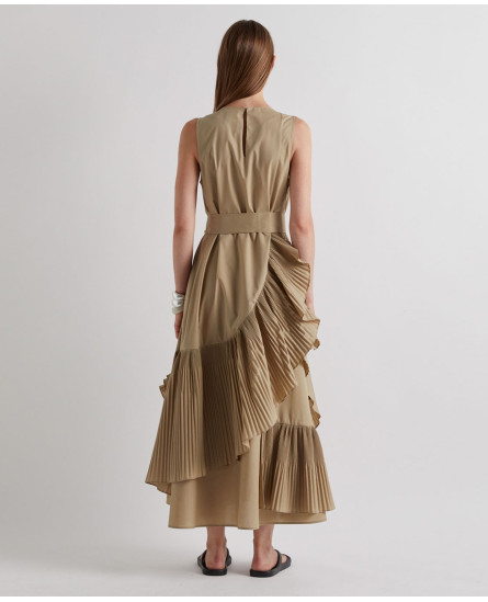 Long Dress with Ruffles and Matching Belt - Taupe