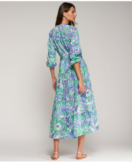 Green & Blue Tropical Print Dress