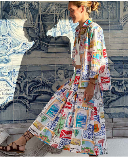 Travel Stamp Printed Shirt + Skirt