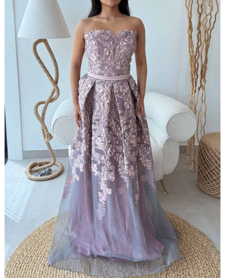 Off Shoulder Tube Fit V-Cut Brocade Gown - Lilac