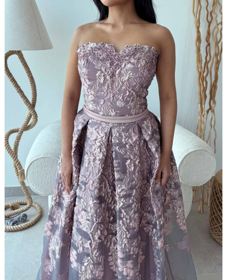 Off Shoulder Tube Fit V-Cut Brocade Gown - Lilac