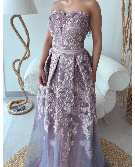 Off Shoulder Tube Fit V-Cut Brocade Gown - Lilac