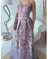 Off Shoulder Tube Fit V-Cut Brocade Gown - Lilac