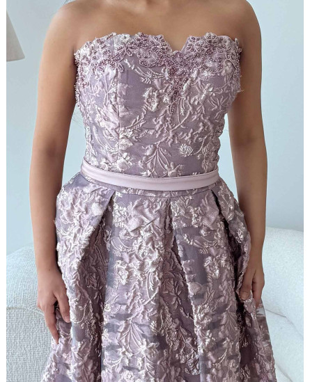 Off Shoulder Tube Fit V-Cut Brocade Gown - Lilac