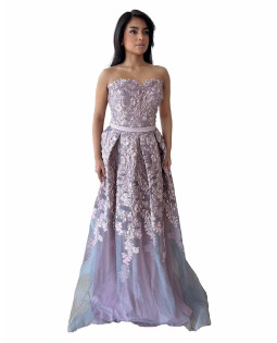 Off Shoulder Tube Fit V-Cut Brocade Gown - Lilac