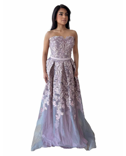Off Shoulder Tube Fit V-Cut Brocade Gown - Lilac