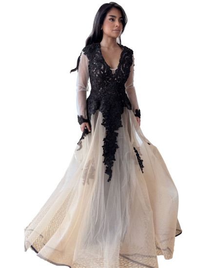 Embroidered Evening Gown V Neck - Black & Beige