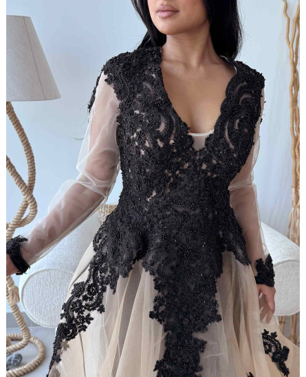 Embroidered Evening Gown V Neck - Black & Beige