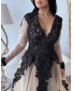 Embroidered Evening Gown V Neck - Black & Beige