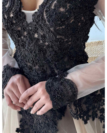 Embroidered Evening Gown V Neck - Black & Beige