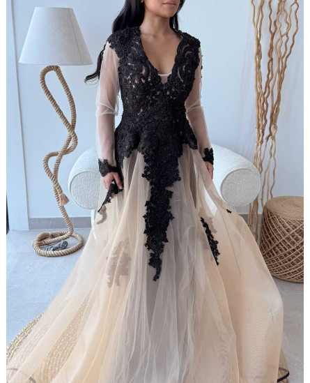 Embroidered Evening Gown V Neck - Black & Beige