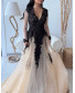 Embroidered Evening Gown V Neck - Black & Beige
