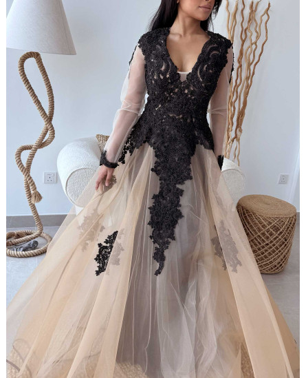 Embroidered Evening Gown V Neck - Black & Beige