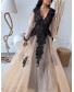 Embroidered Evening Gown V Neck - Black & Beige