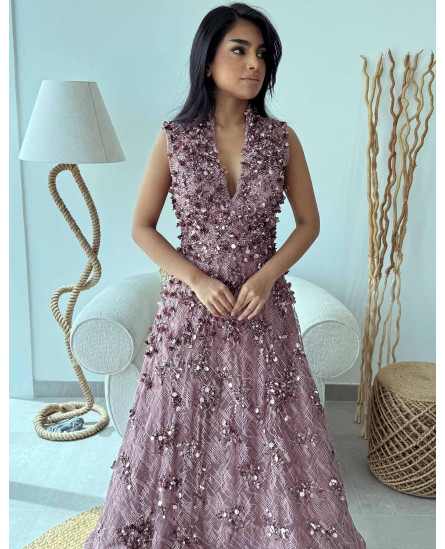 Deep V Neck Dress with Sequin work