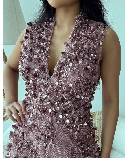 Deep V Neck Dress with Sequin work