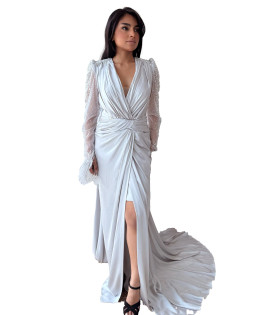 Draped Shoulder Sleeve Beaded White