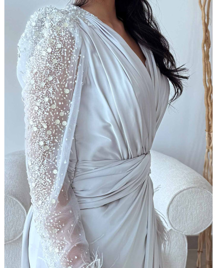 Draped Shoulder Sleeve Beaded White