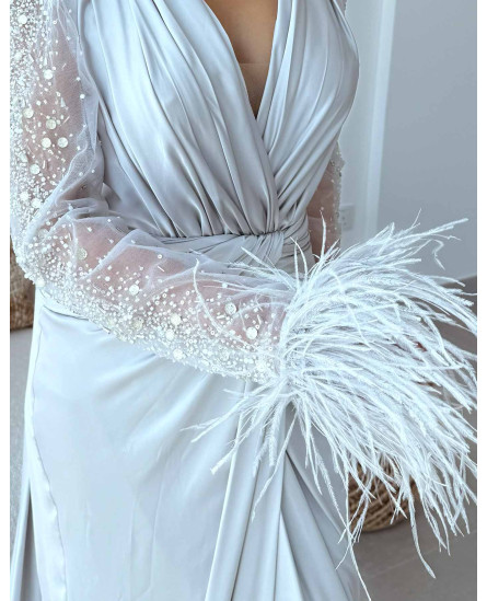 Draped Shoulder Sleeve Beaded White