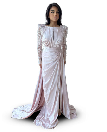 Draped Shoulder Sleeve Beaded Evening Rose Dress