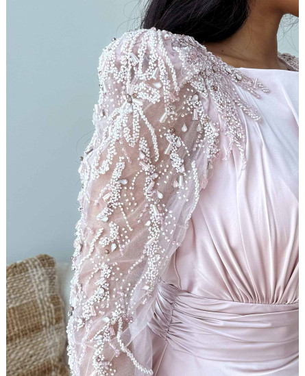 Draped Shoulder Sleeve Beaded Evening Rose Dress