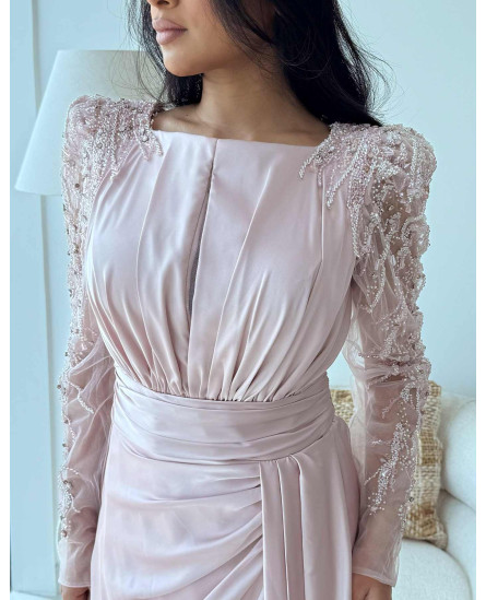 Draped Shoulder Sleeve Beaded Evening Rose Dress