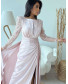 Draped Shoulder Sleeve Beaded Evening Rose Dress
