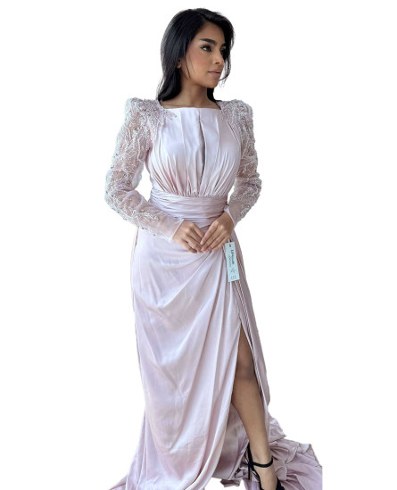 Draped Shoulder Sleeve Beaded Evening Rose Dress