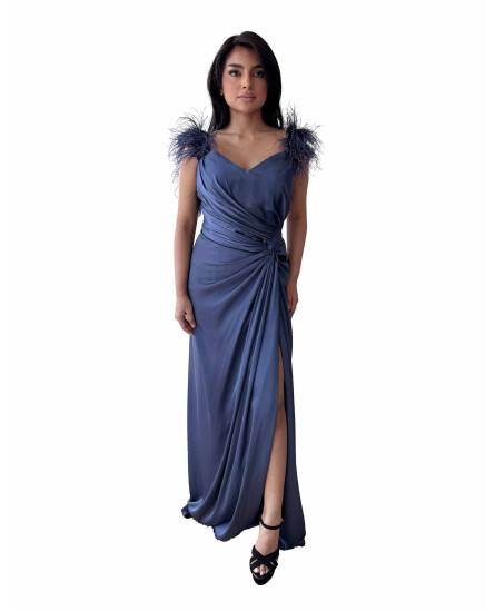 Shoulder Feathers Gown Dress - Teal