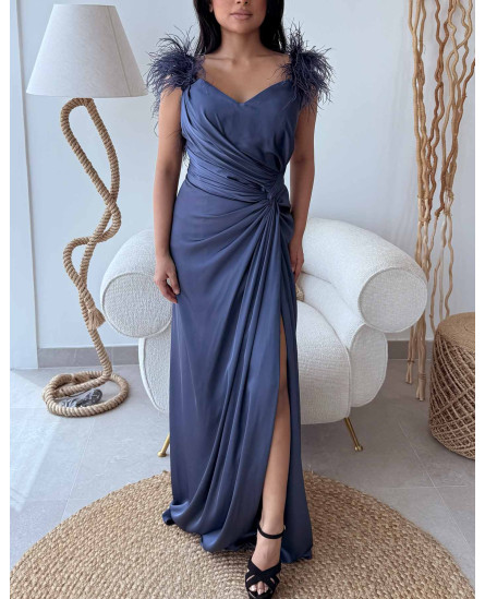Shoulder Feathers Gown Dress - Teal