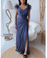 Shoulder Feathers Gown Dress - Teal