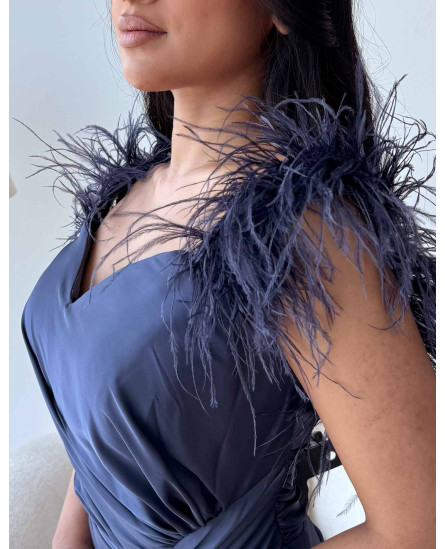 Shoulder Feathers Gown Dress - Teal