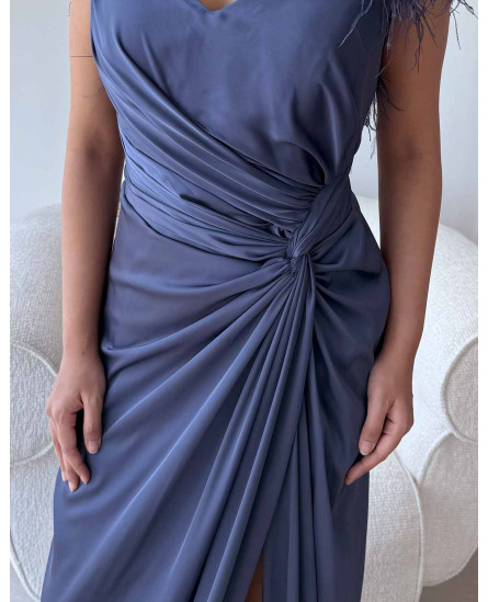 Shoulder Feathers Gown Dress - Teal