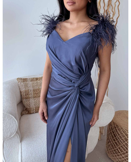 Shoulder Feathers Gown Dress - Teal