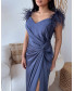 Shoulder Feathers Gown Dress - Teal
